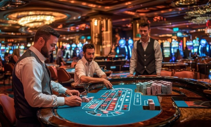 Live casino table with professional dealer and multi-camera broadcast setup